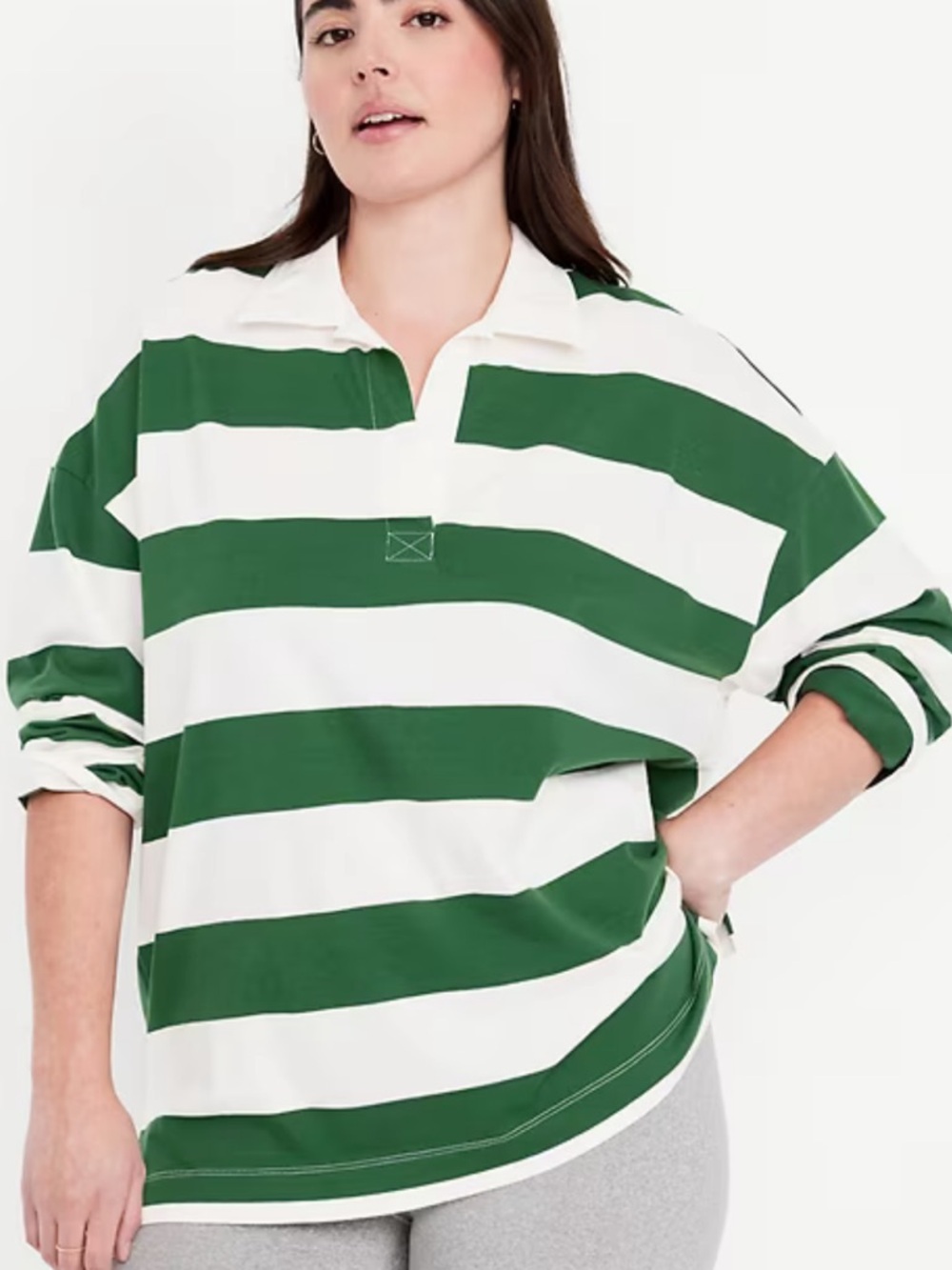 Old Navy Green & White Striped Rugby Polo